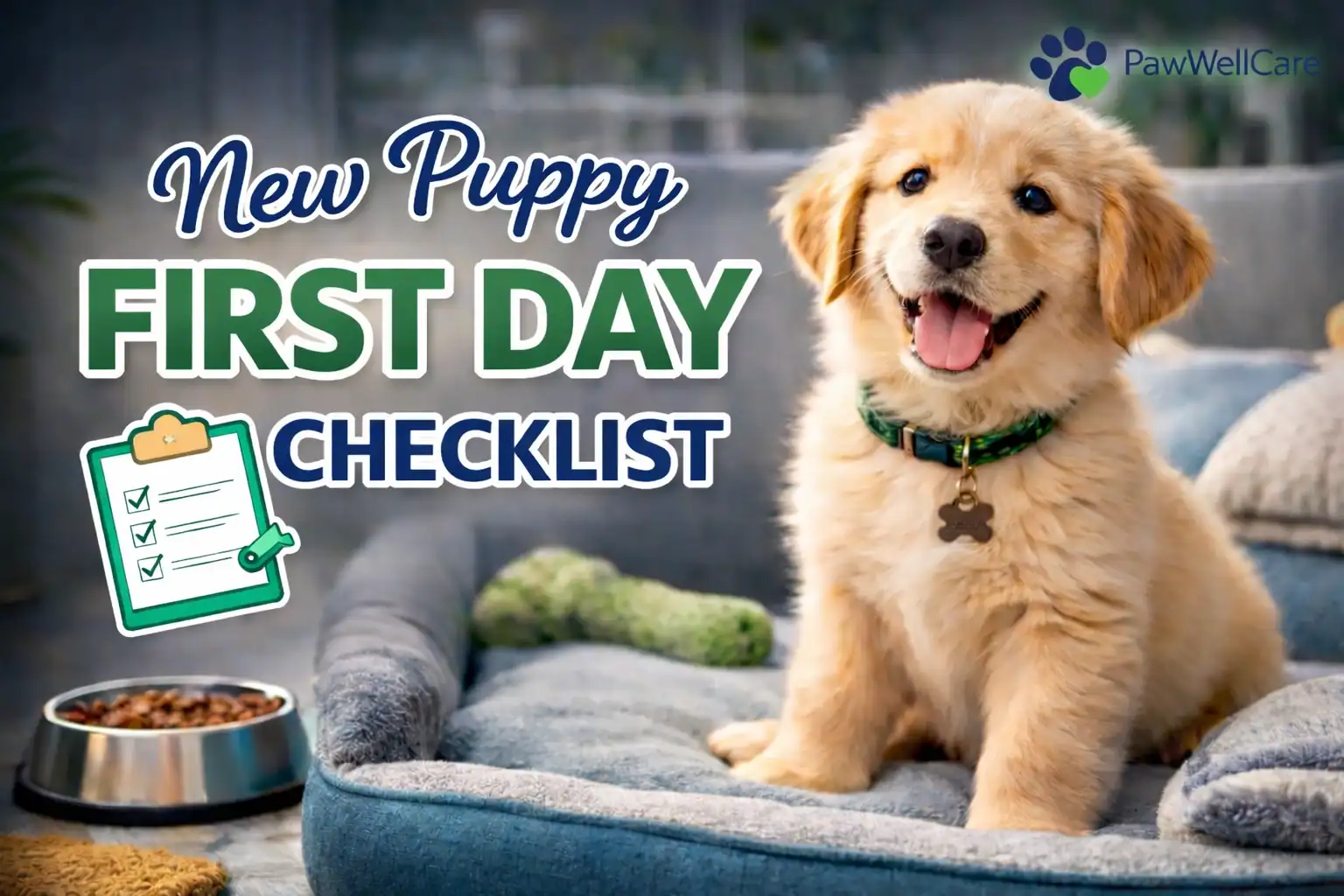 New puppy first day checklist guide showing a golden retriever puppy at home with essential supplies