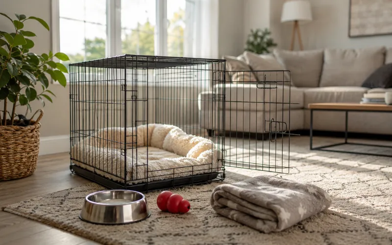 puppy-first-day-home-safe-zone-setup puppy safe zone setup with crate and bedding on first day home