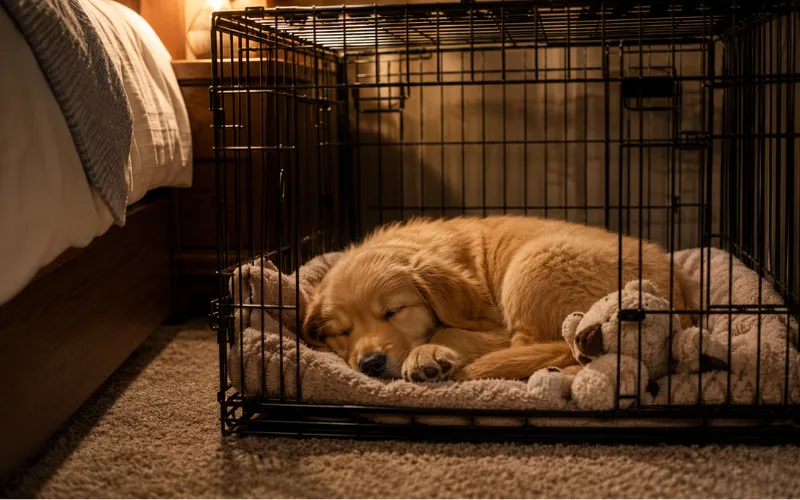 puppy-first-night-crate-sleeping-calm puppy sleeping calmly in crate on first night home