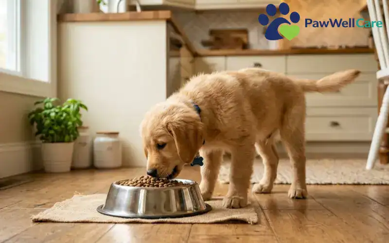 Puppy Feeding puppy eating from stainless steel food bowl