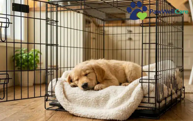 Puppy sleeping puppy sleeping inside dog crate with blanket