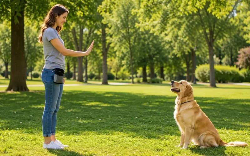 basic-dog-training-commands-sit-stay-come owner teaching dog basic commands sit stay come