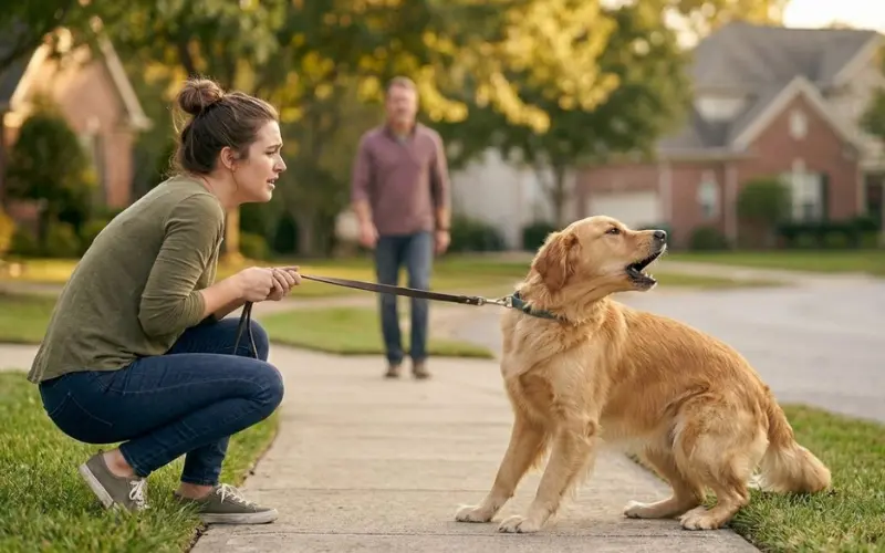 dog barking and lunging at stranger during walk