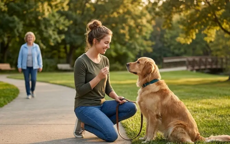 calm dog sitting near stranger after training