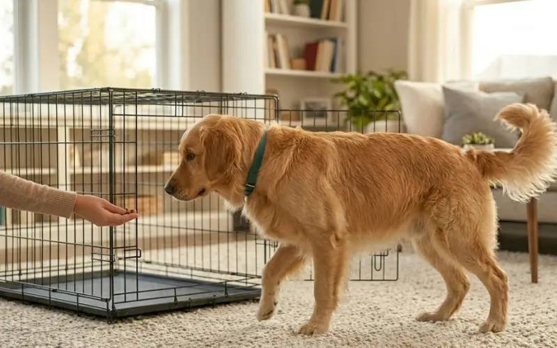 dog-entering-crate-willingly-treats dog entering crate willingly following treat during training
