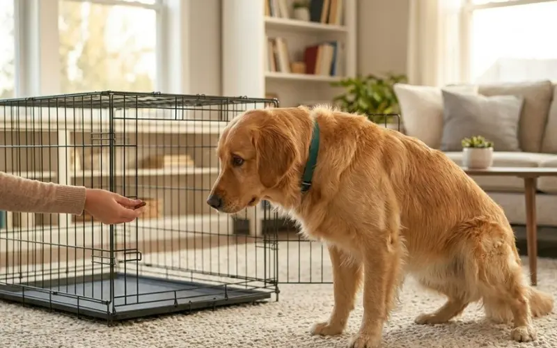 dog-refusing-to-enter-crate-training dog refusing to enter crate during training session
