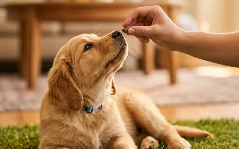 owner using treat lure to teach dog sit command