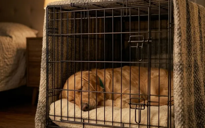 dog-sleeping-calmly-in-crate-at-home dog sleeping calmly and happily in crate at home