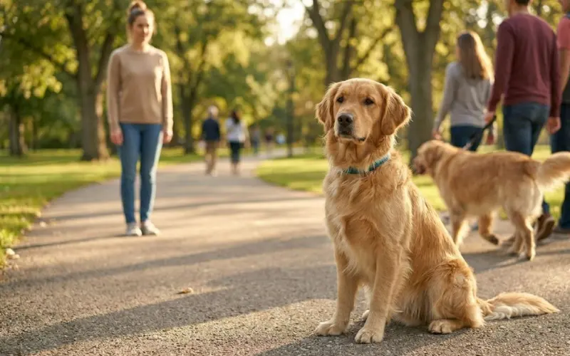 dog-stay-training-with-distractions-park dog holding stay command with distractions in park