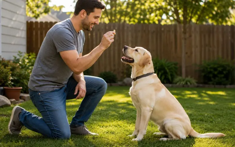 dog-training-treat-reward-positive-reinforcement owner rewarding dog with treat during positive reinforcement training session