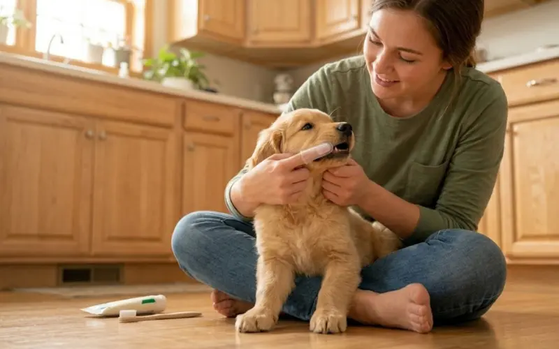 owner gently brushing golden retriever puppy teeth