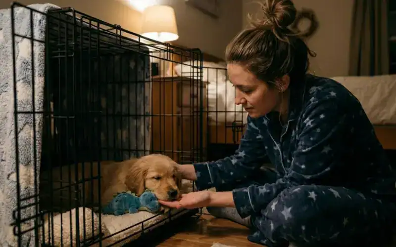 owner comforting new puppy owner comforting crying puppy at night