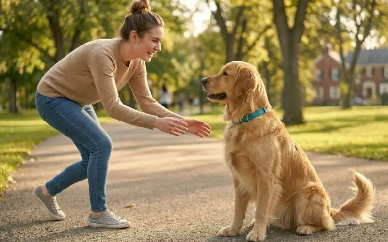 owner-rewarding-dog-stay-command-success owner rewarding dog for holding stay command successfully