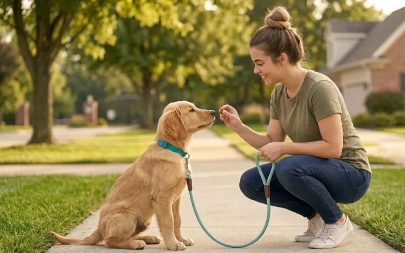 owner rewarding puppy with treat for loose leash walking