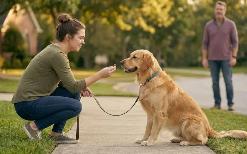calm dog sitting near stranger after training