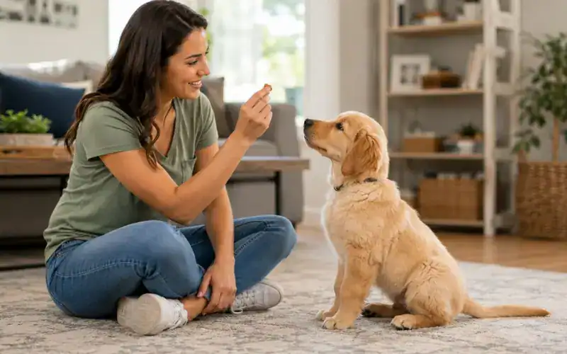 owner training puppy bite inhibition with treat reward
