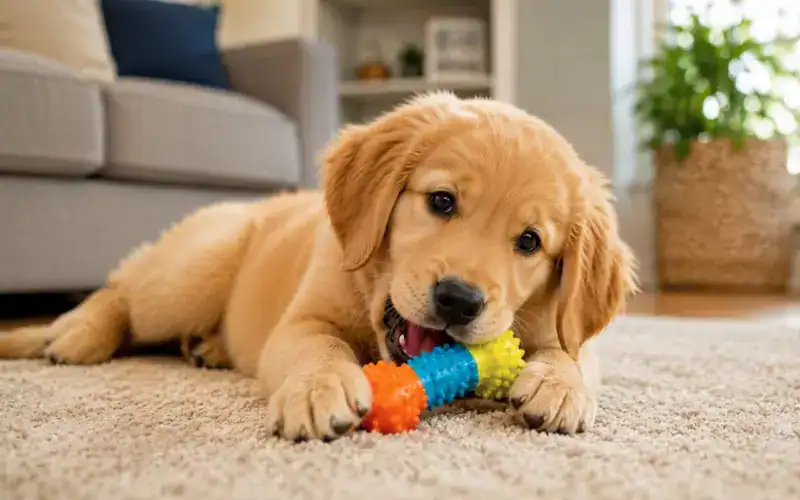 golden retriever puppy chewing on toy to stop biting