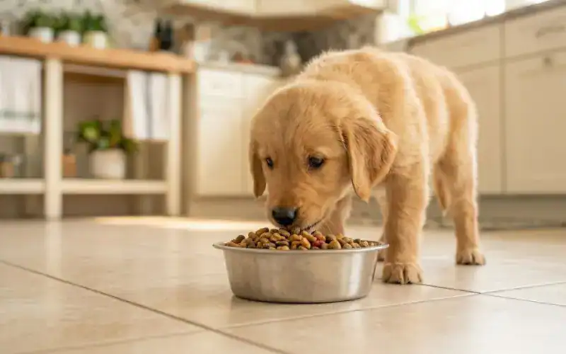 puppy-eating-solid-kibble-transition golden retriever puppy eating solid kibble food