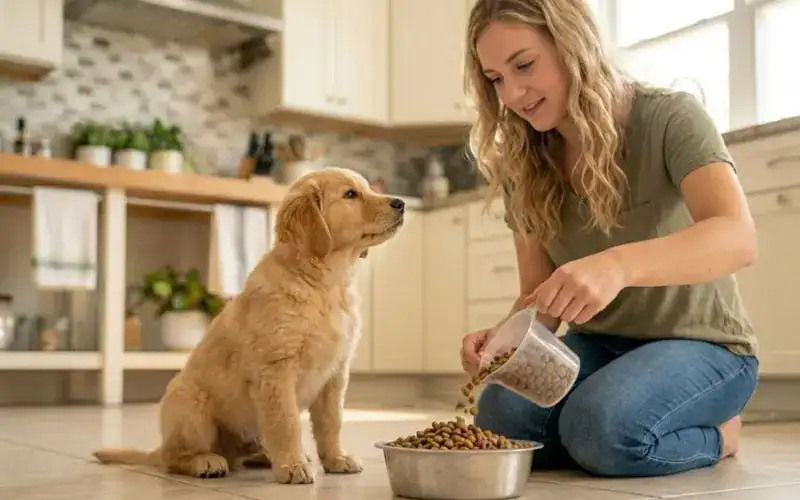 puppy-feeding-bowl-portion-schedule owner pouring puppy food into feeding bowl