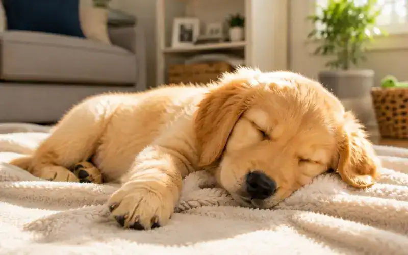 puppy-nap-schedule-daytime-routine golden retriever puppy napping on soft blanket during day