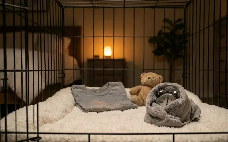 puppy-nighttime-sleep-routine-setup cozy puppy crate setup for nighttime sleep routine
