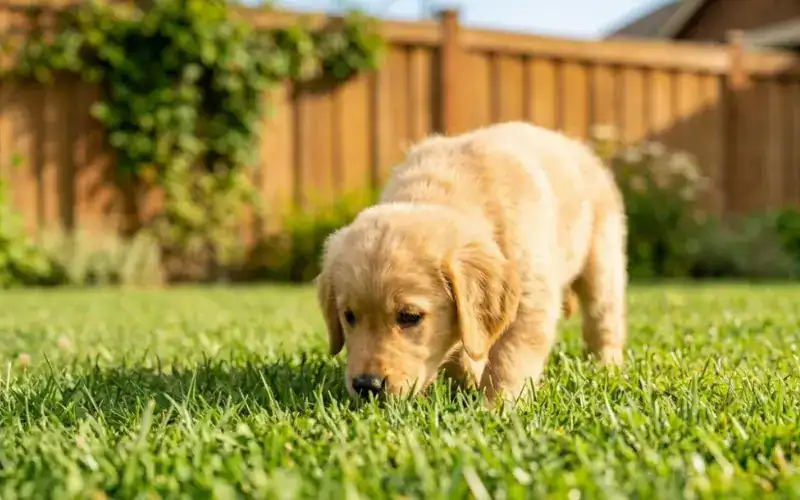 puppy-outside-potty-training-spot puppy sitting outside on grass during potty training