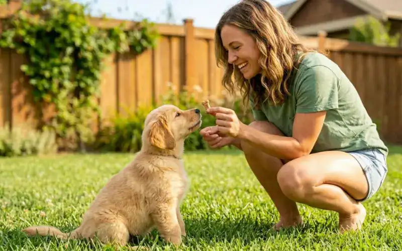 puppy-potty-training-reward-treat owner giving puppy treat reward during potty training