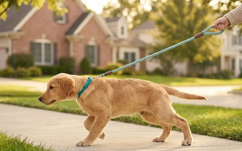 puppy pulling hard on leash during walk