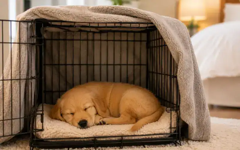 puppy-sleeping-in-crate-first-week puppy sleeping peacefully in crate during first week at home