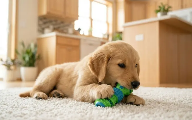 puppy chewing on dental toy during teething stage