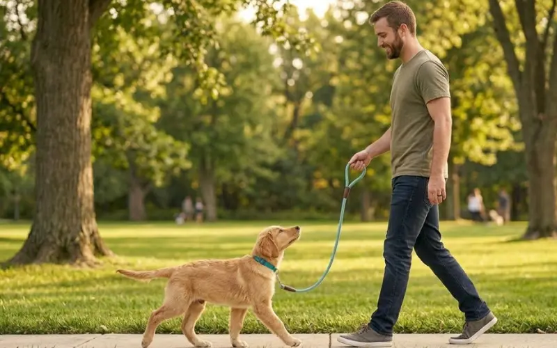 puppy walking calmly on loose leash beside owner