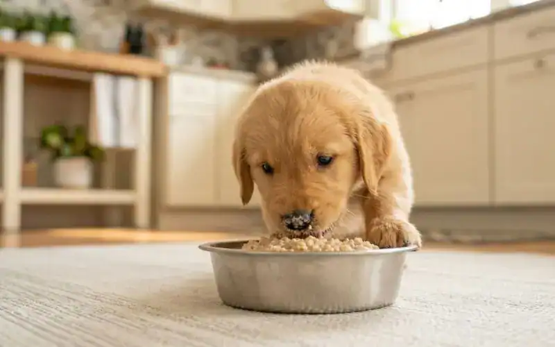 puppy-weaning-mush-food-bowl puppy eating mushy weaning food from bowl