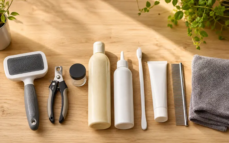 beginner-dog-grooming-tools-flat-lay beginner dog grooming tools including slicker brush nail clippers shampoo and ear cleaner on wood surface