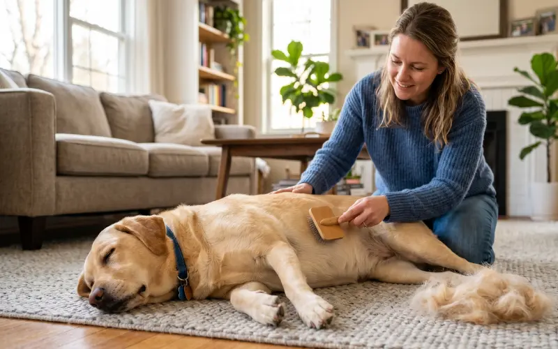 beginner-grooming-brushing-dog-at-home owner brushing dog coat at home during weekly grooming routine with correct technique