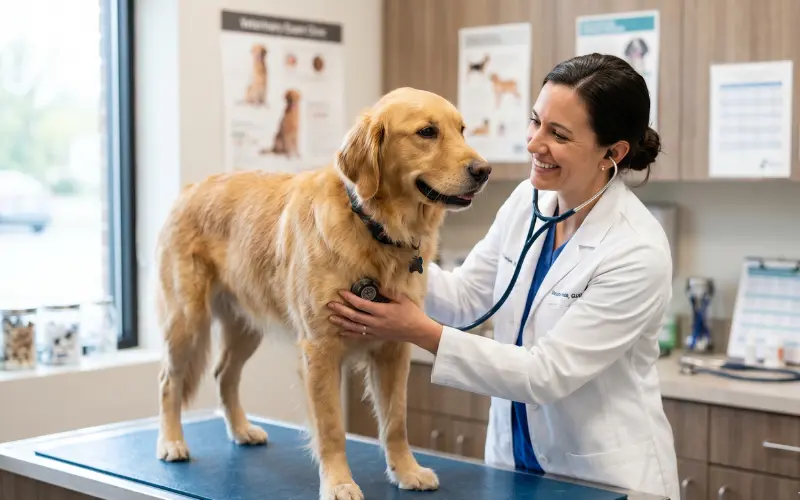 veterinarian examining a golden retriever during annual wellness checkup