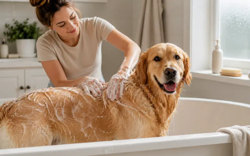 dog-bath-oatmeal-shampoo-calm dog getting bath with oatmeal shampoo for sensitive skin