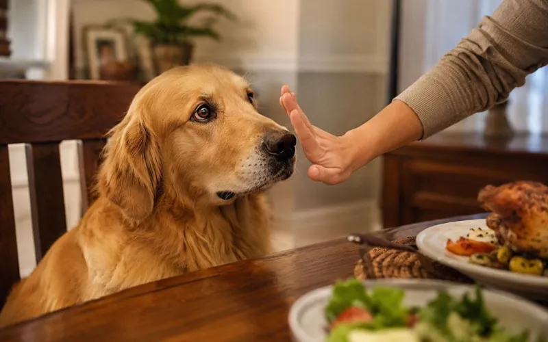 dog begging for food at table food safety awareness