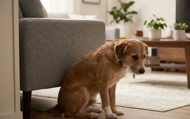 dog-behavioral-pain-signs-hiding dog hiding and showing behavioral signs of pain