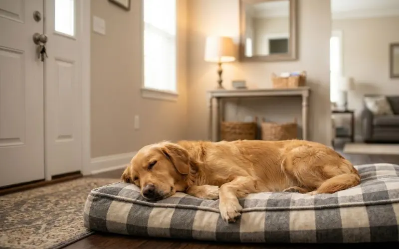 dog resting calmly and independently during alone training