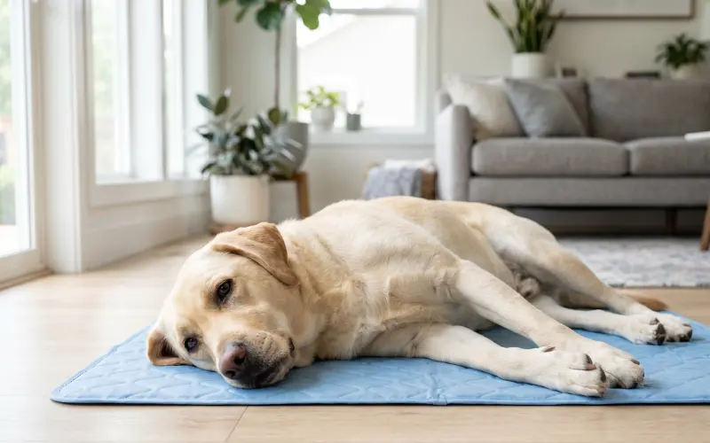 dog-cooling-mat-summer-home dog lying on cooling mat inside home during hot summer day