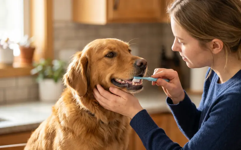 owner brushing dog teeth with enzymatic toothpaste for dental care