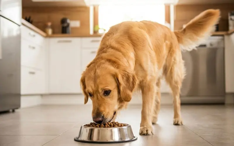 dog-eating-healthy-food-bowl-happy happy dog eating healthy balanced food from bowl