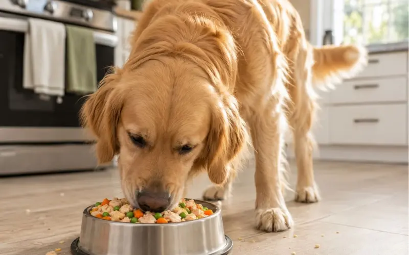 happy dog eating homemade food from bowl
