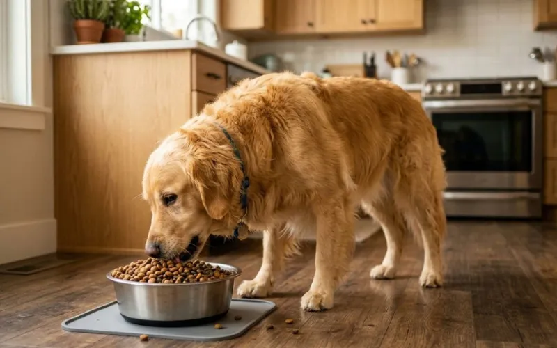 dog eating mixed old and new food during transition