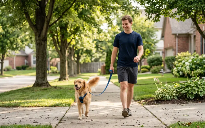 dog owner walking medium breed dog on morning walk for daily exercise
