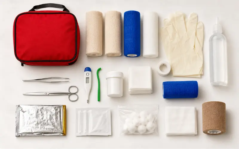 dog-first-aid-kit-supplies-flat-lay essential dog first aid kit supplies arranged flat lay