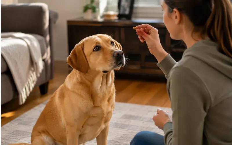 dog focused during positive reinforcement training dog focused during positive reinforcement training