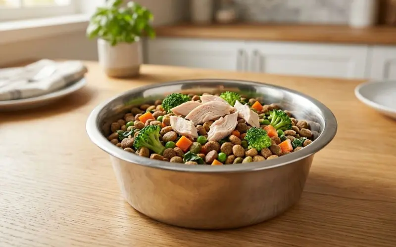 dog-food-bowl-balanced-nutrition-meal balanced dog food meal in stainless steel bowl