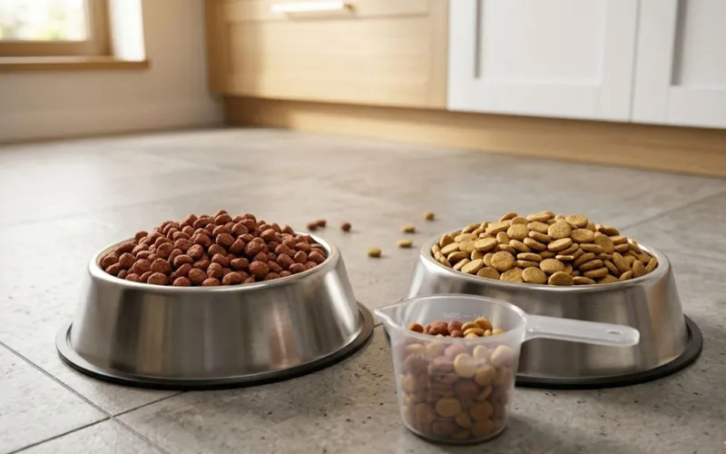 two dog food bowls showing old and new food mixing
