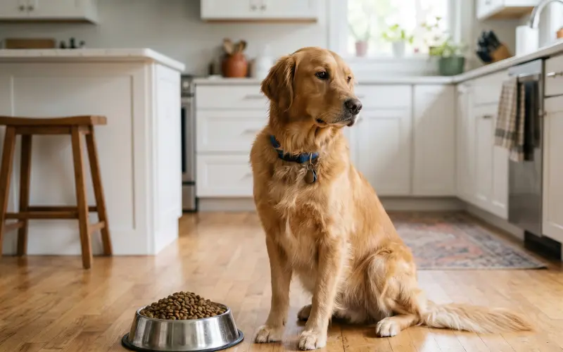 dog-full-food-bowl-untouched dog sitting next to full untouched food bowl